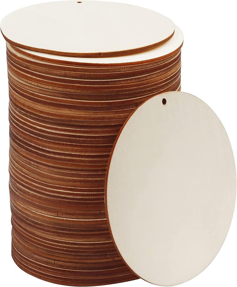 FSWCCK 100 PCS 4 Inch Wood Circles for Crafts Round Blank Discs with Holes Unfinished Wooden Cutouts for DIY Painting Staining CoastersLaser Engraving Sign Blanks Ornament 4inch100 Pack