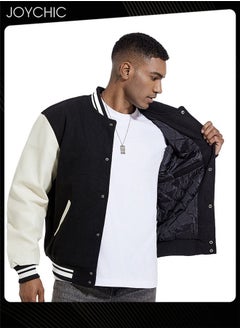 Joychic Classic Men Spring Autumn and Winter Baseball Uniform Woolen Pu Sleeve Casual Jacket Warm Outwear for Men Youth Teenager Black+White  - Image 2