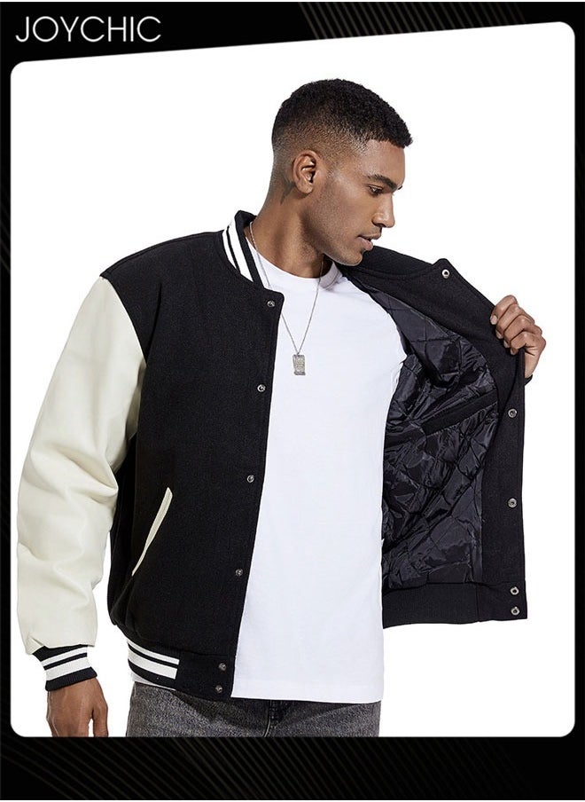 Joychic Classic Men Spring Autumn and Winter Baseball Uniform Woolen Pu Sleeve Casual Jacket Warm Outwear for Men Youth Teenager Black+White  - Image 2