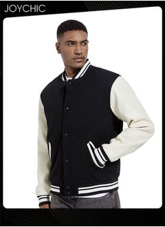Joychic Classic Men Spring Autumn and Winter Baseball Uniform Woolen Pu Sleeve Casual Jacket Warm Outwear for Men Youth Teenager Black+White  - Image 1