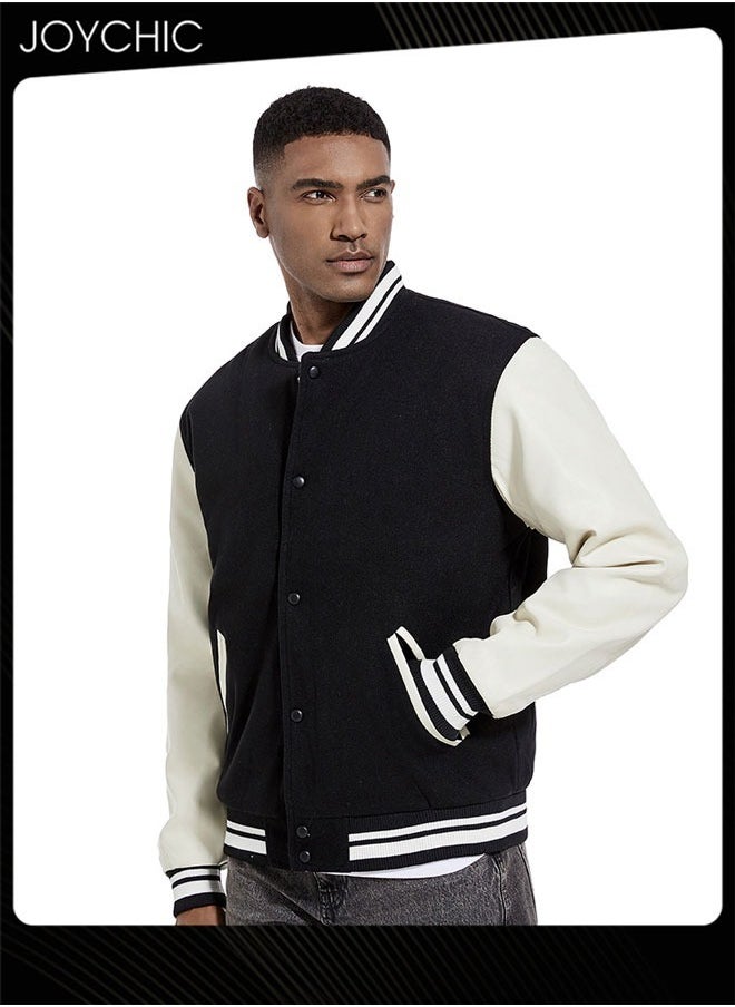 Joychic Classic Men Spring Autumn and Winter Baseball Uniform Woolen Pu Sleeve Casual Jacket Warm Outwear for Men Youth Teenager Black+White  - Image 1
