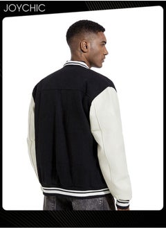 Joychic Classic Men Spring Autumn and Winter Baseball Uniform Woolen Pu Sleeve Casual Jacket Warm Outwear for Men Youth Teenager Black+White  - Image 3