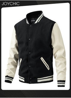 Joychic Classic Men Spring Autumn and Winter Baseball Uniform Woolen Pu Sleeve Casual Jacket Warm Outwear for Men Youth Teenager Black+White  - Image 4