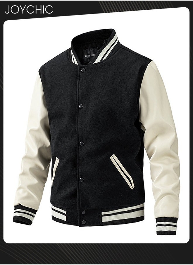 Joychic Classic Men Spring Autumn and Winter Baseball Uniform Woolen Pu Sleeve Casual Jacket Warm Outwear for Men Youth Teenager Black+White  - Image 4
