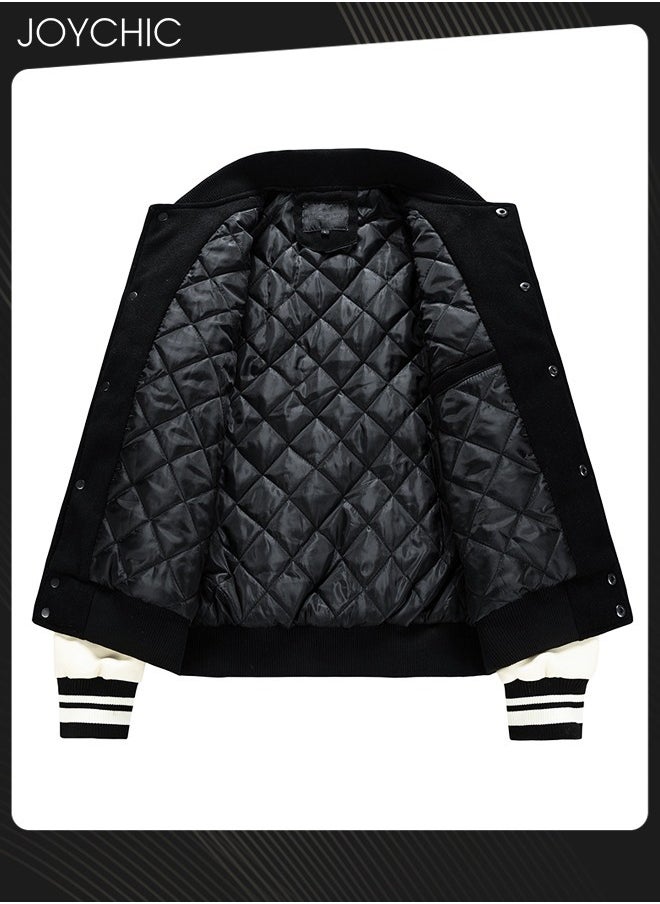 Joychic Classic Men Spring Autumn and Winter Baseball Uniform Woolen Pu Sleeve Casual Jacket Warm Outwear for Men Youth Teenager Black+White  - Image 5