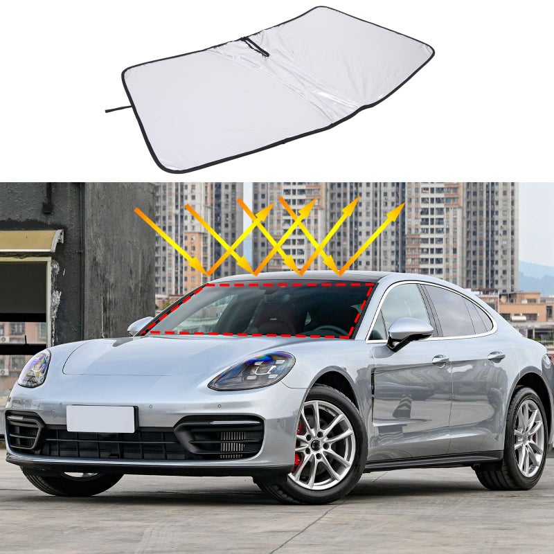 حاجب شمس الزجاج الأمامي متوافق مع بورش باناميرا سيدان 2017-2024 عاكس أشعة UV حاجب شمس نافذة السيارة قابل للطي درع شمس يحافظ على برودة سيارتك ملحقات الزجاج الأمامي