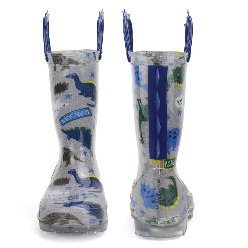HugRain Boys Rain Boots Little Kids child Light Up Waterproof Rubber Shoes Printed Mud Lightweight Adorable with Easy-On Handles Non Slip Sole Dinosaur Blue Grey Size 2 - Image 5
