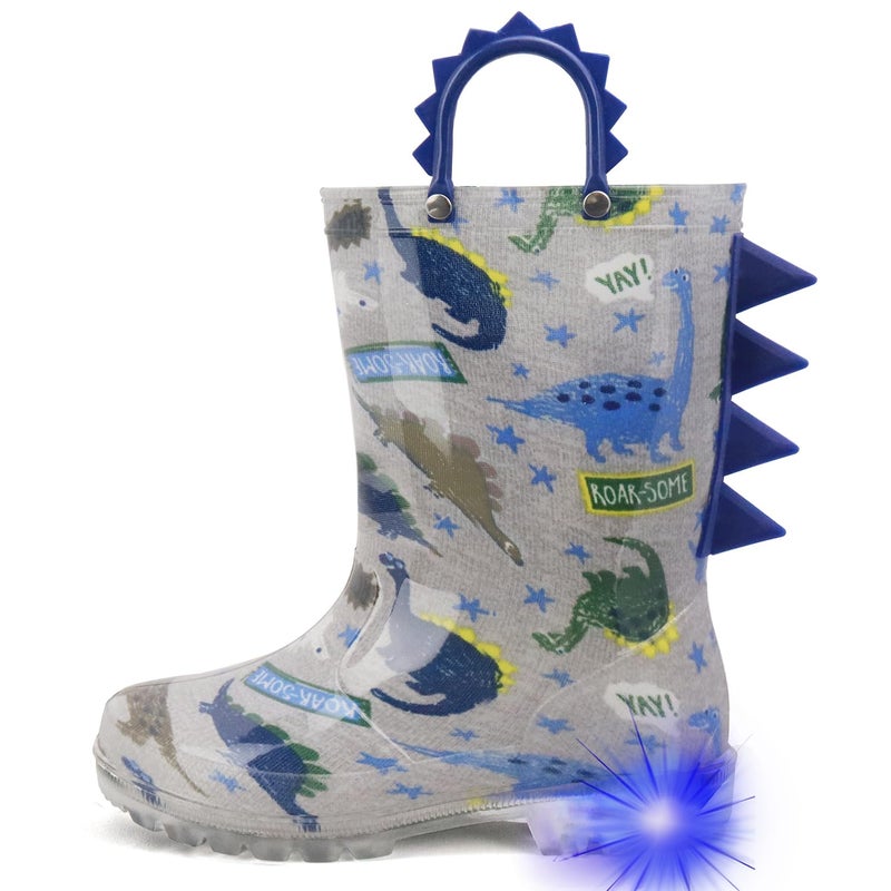 HugRain Boys Rain Boots Little Kids child Light Up Waterproof Rubber Shoes Printed Mud Lightweight Adorable with Easy-On Handles Non Slip Sole Dinosaur Blue Grey Size 2 - Image 1