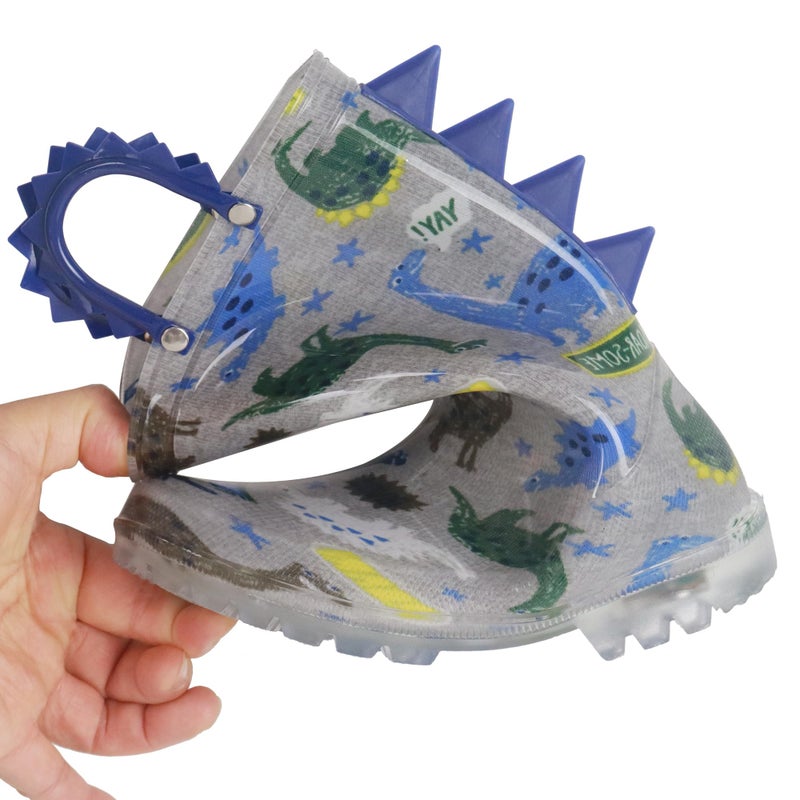 HugRain Boys Rain Boots Little Kids child Light Up Waterproof Rubber Shoes Printed Mud Lightweight Adorable with Easy-On Handles Non Slip Sole Dinosaur Blue Grey Size 2 - Image 2