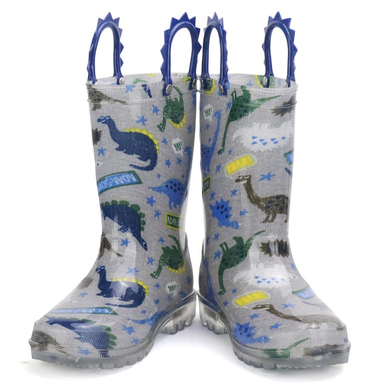 HugRain Boys Rain Boots Little Kids child Light Up Waterproof Rubber Shoes Printed Mud Lightweight Adorable with Easy-On Handles Non Slip Sole Dinosaur Blue Grey Size 2 - Image 4