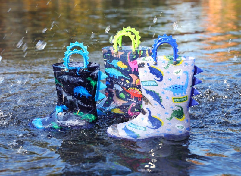HugRain Boys Rain Boots Little Kids child Light Up Waterproof Rubber Shoes Printed Mud Lightweight Adorable with Easy-On Handles Non Slip Sole Dinosaur Blue Grey Size 2 - Image 3