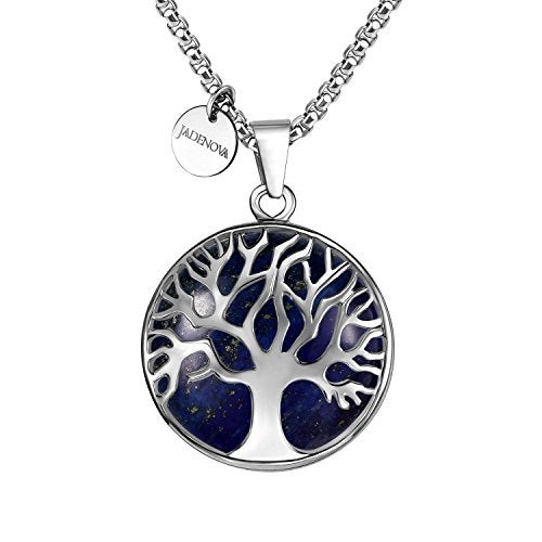 JADENOVA Family Tree Necklace Tree of Life Synthetic Lapis Lazuli Gemstone Crystal Pendant Necklace 24 Inches Stainless Steel Chain - Image 1