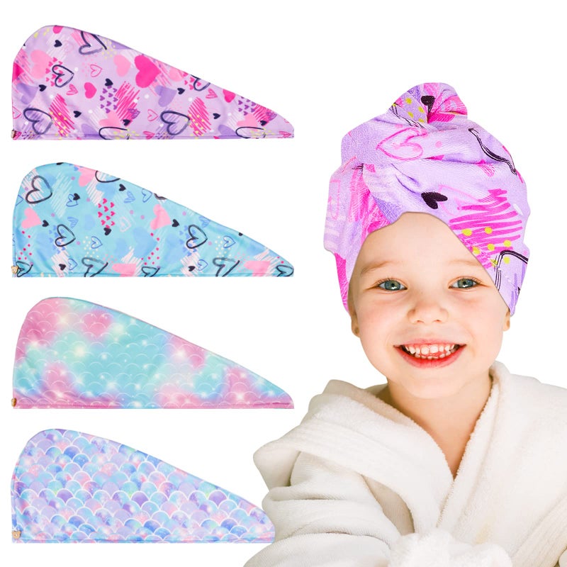 RETON 4 Pack Microfiber Hair Drying Towel, Hair Towel Wrap for Kids Girls Women, Super Absorbent Hair Turbans for Wet Hair, Fast Drying Hair Wrap with Buttons for Curly Long Thick Hair - Image 1