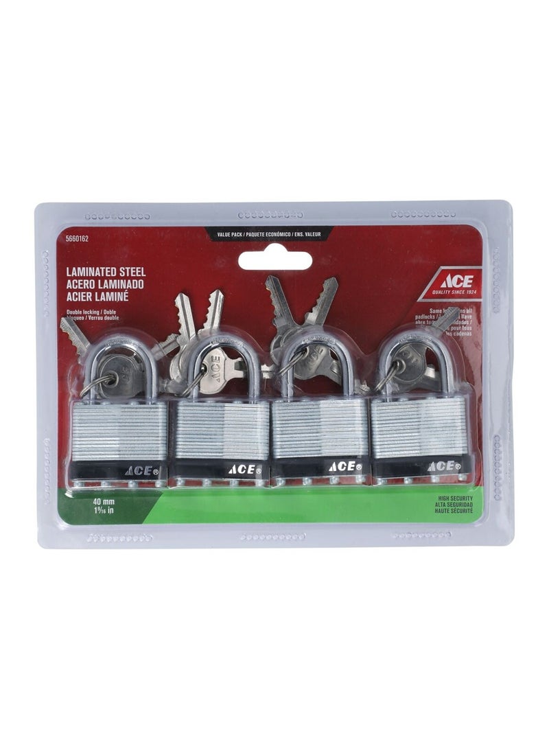 ACE Ace 4 Piece Laminated Steel Padlocks Silver 40mm