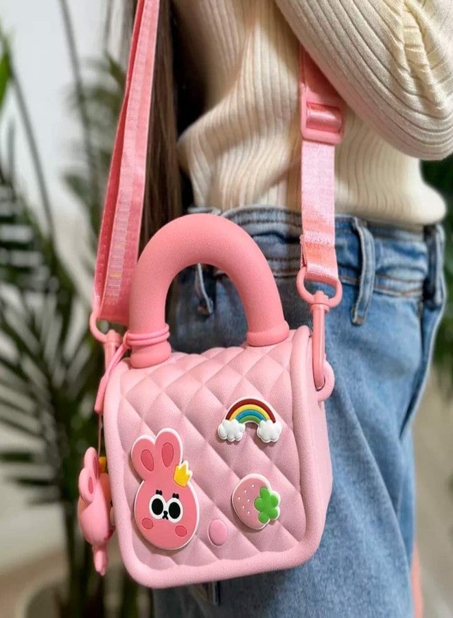JBM ENTERPRISE Pink Silicone Cartoon Handbag for Girls - Cute Toddler Shoulder Bag with Rainbow & Strawberry Charms | Soft Crossbody Purse for Kids - Image 5
