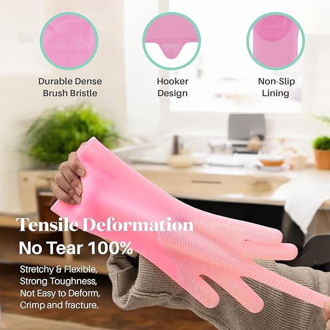 Avighna Silicone Hand Gloves, Silicone Dish Washing Gloves for Kitchen and Pet Grooming, Cleaning Car, Bathroom, Kitchen Gloves for Dish Washing with Scrubber for Women (Multicolor, 1 Pair) - Image 4