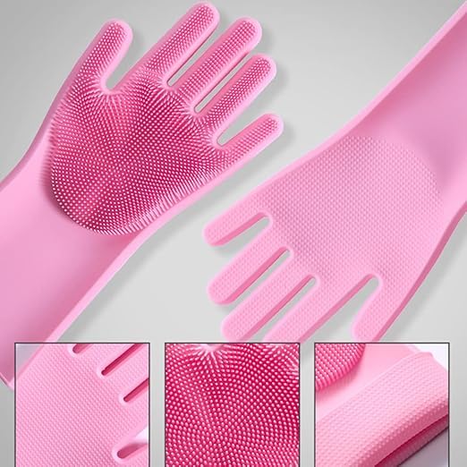 Avighna Silicone Hand Gloves, Silicone Dish Washing Gloves for Kitchen and Pet Grooming, Cleaning Car, Bathroom, Kitchen Gloves for Dish Washing with Scrubber for Women (Multicolor, 1 Pair) - Image 3