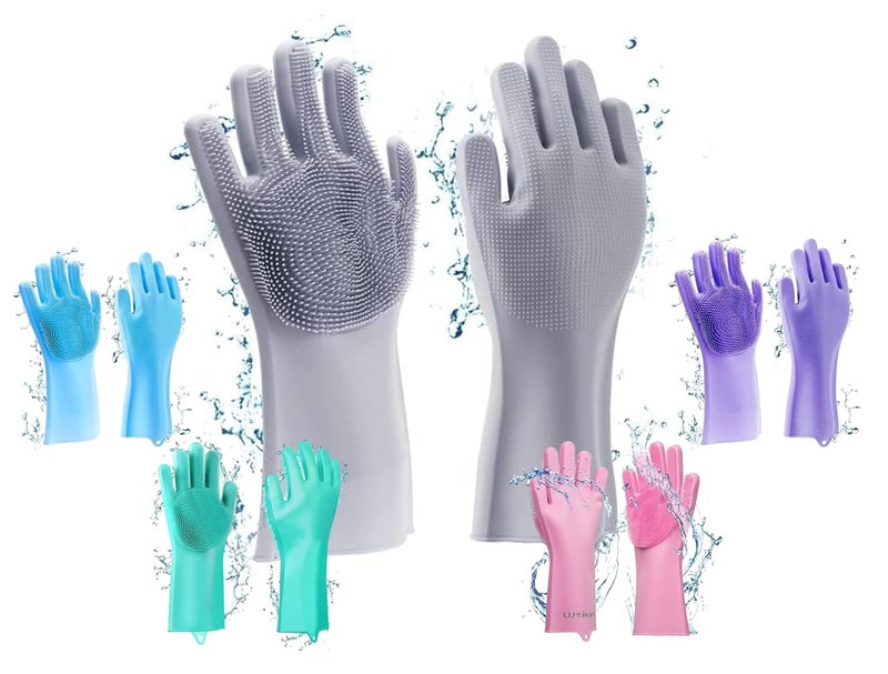 Avighna Silicone Hand Gloves, Silicone Dish Washing Gloves for Kitchen and Pet Grooming, Cleaning Car, Bathroom, Kitchen Gloves for Dish Washing with Scrubber for Women (Multicolor, 1 Pair) - Image 1