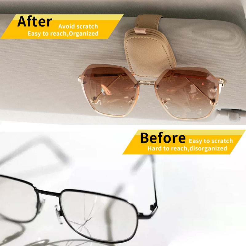 Yuoyar Sunglass Holder for Car, Magnetic Leather Sunglasses Holder and Ticket Card Clip, Car Visor Accessories, 2 Packs (Beige) - Image 3
