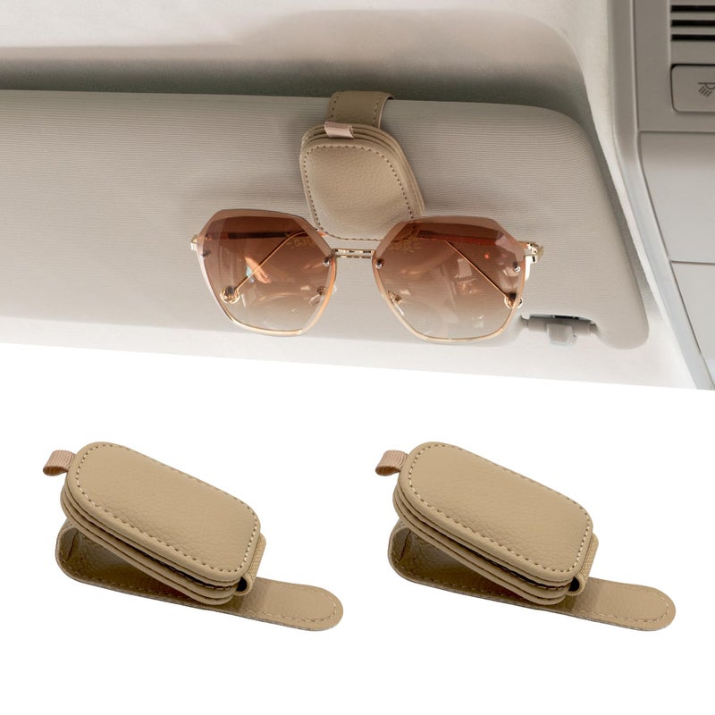 Yuoyar Sunglass Holder for Car, Magnetic Leather Sunglasses Holder and Ticket Card Clip, Car Visor Accessories, 2 Packs (Beige) - Image 1