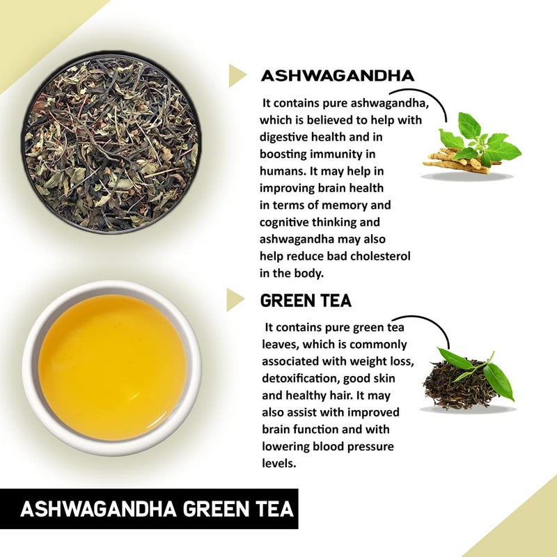 TEACURRY Ashwagandha Green Tea | 1 Month Pack | 30 Pyramid Tea Bags | Ashwagandha Green Tea For Weight Loss, Sugar Control, Stress, Cholesterol | 100% Natural Herbal Tea For Sugar Control, 100 Gm - Image 2