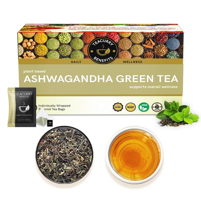 TEACURRY Ashwagandha Green Tea | 1 Month Pack | 30 Pyramid Tea Bags | Ashwagandha Green Tea For Weight Loss, Sugar Control, Stress, Cholesterol | 100% Natural Herbal Tea For Sugar Control, 100 Gm - Image 1