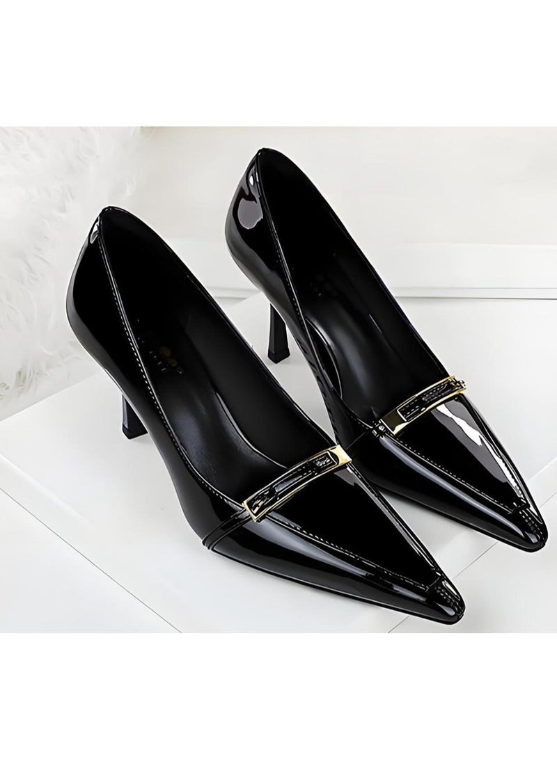 بيج تري المضخات النسائية مغلقة أشارت إصبع القدم الكعب العالي الحزب فستان الأحذية الأسود 8CM - Image 2