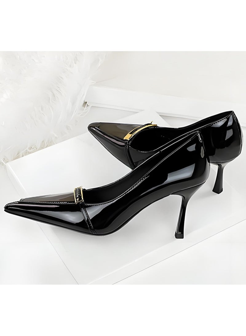 بيج تري المضخات النسائية مغلقة أشارت إصبع القدم الكعب العالي الحزب فستان الأحذية الأسود 8CM - Image 3