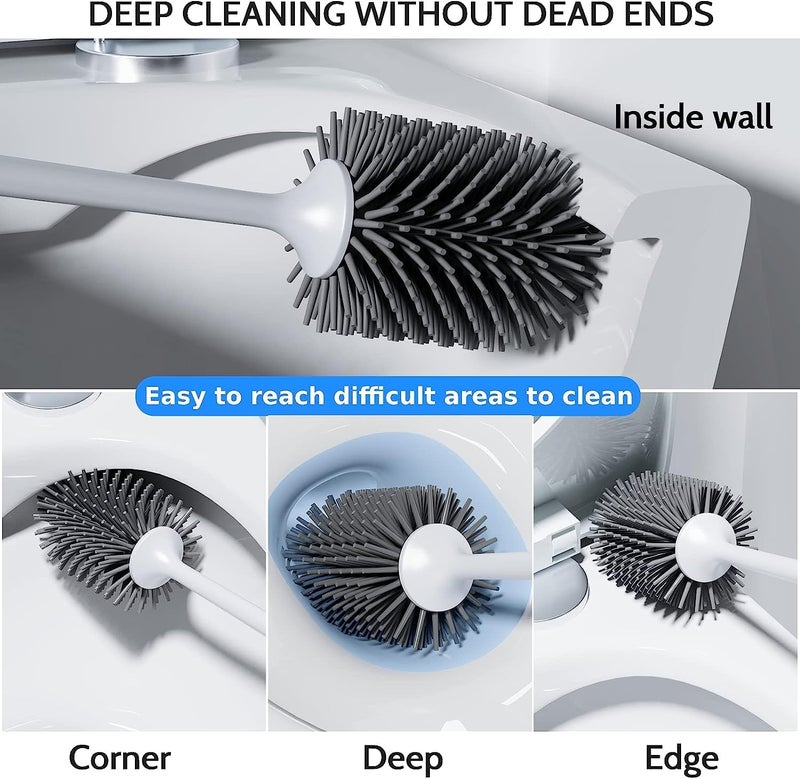 Silicone Toilet Brush with Holder Stand, Bathroom Toilets Bowl Cleaning Brushes with Non-Slip Long Handle Wall Mounted Without Drilling Quick Drying Holder Set  Floor Free-Standing - Image 2
