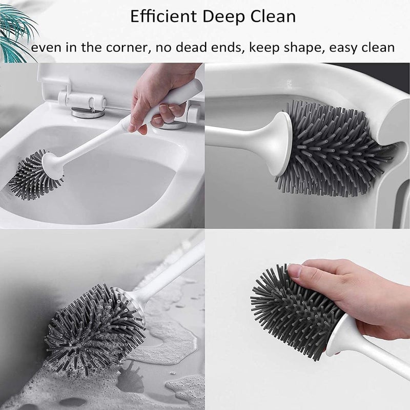 Silicone Toilet Brush with Holder Stand, Bathroom Toilets Bowl Cleaning Brushes with Non-Slip Long Handle Wall Mounted Without Drilling Quick Drying Holder Set  Floor Free-Standing - Image 4