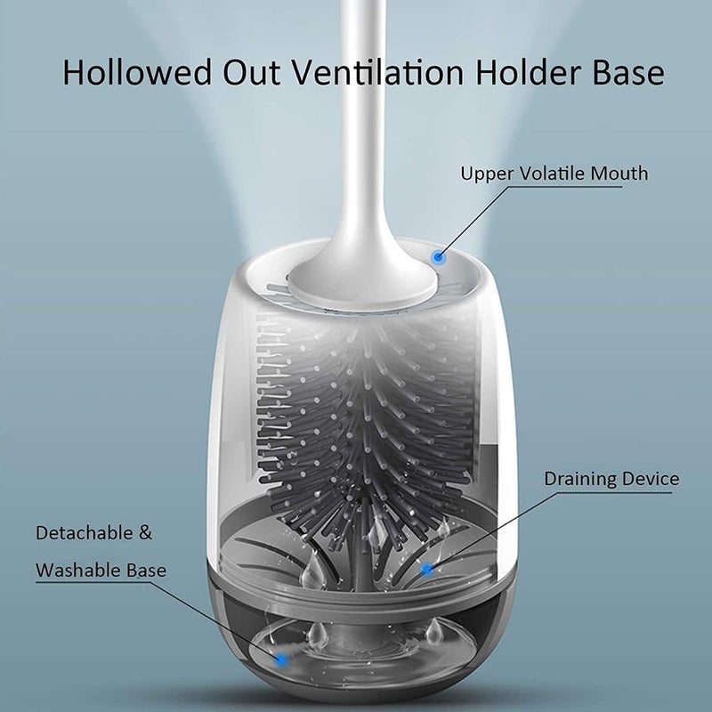 Silicone Toilet Brush with Holder Stand, Bathroom Toilets Bowl Cleaning Brushes with Non-Slip Long Handle Wall Mounted Without Drilling Quick Drying Holder Set  Floor Free-Standing - Image 3