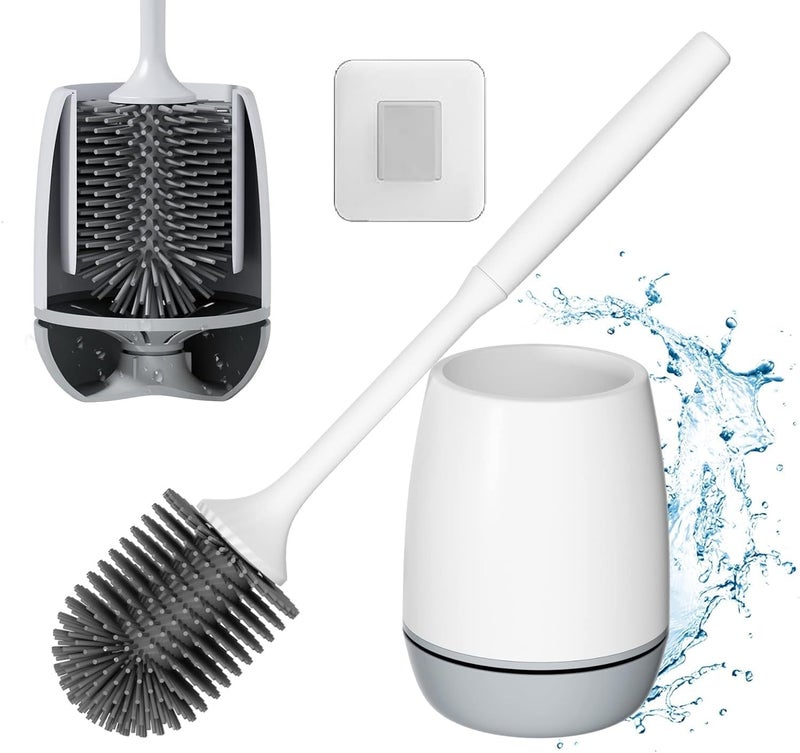 Silicone Toilet Brush with Holder Stand, Bathroom Toilets Bowl Cleaning Brushes with Non-Slip Long Handle Wall Mounted Without Drilling Quick Drying Holder Set  Floor Free-Standing - Image 1