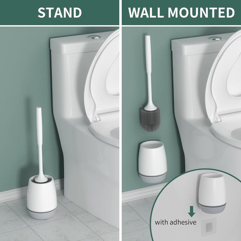 Silicone Toilet Brush with Holder Stand, Bathroom Toilets Bowl Cleaning Brushes with Non-Slip Long Handle Wall Mounted Without Drilling Quick Drying Holder Set  Floor Free-Standing - Image 5