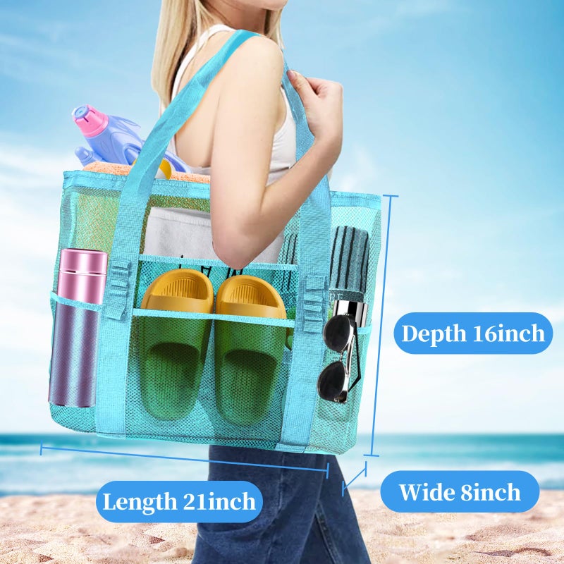 Yunaeduo Extra Large Mesh Beach Bag - Lightweight & Foldable Family Beach Bag with 9 Pockets for Toys, Towels & Vacation Essentials - Blue - Image 4