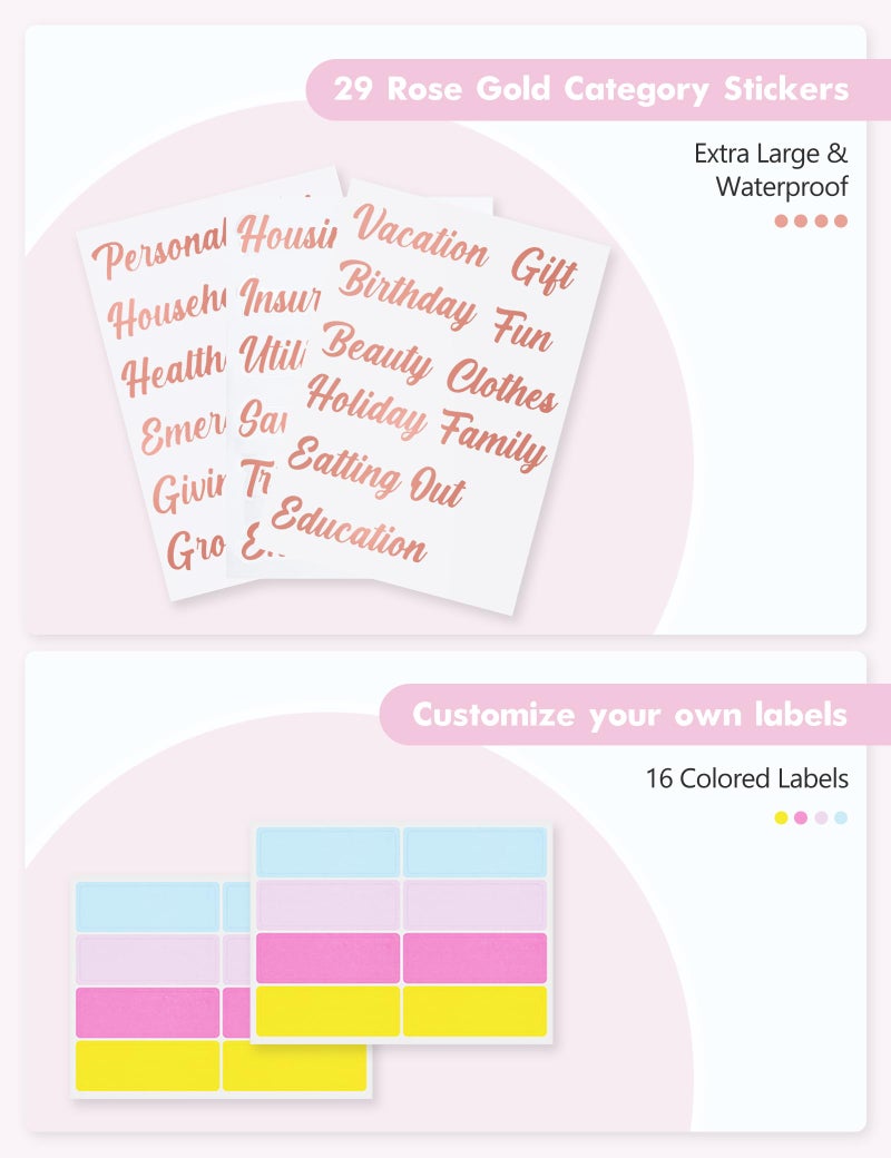 Zreal A6 Budget Binder for Money Saving, PU Leather Budget Planner with 8 Cash Envelopes, Budget Sheets & Rose Gold Category Stickers, Money Organizer for Cash (Pink Cherry) - Image 5