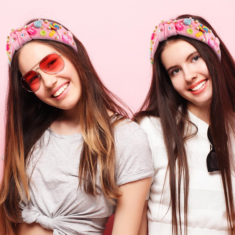 PANTIDE Candy Jeweled Knotted Headband - Valentine's Day Rainbow Lollipop Rhinestone Embellished Preppy Headband Non Slip Wide Top Knot Hairband Hair Accessories Birthday Gift for Women Girls (Pink) - Image 5