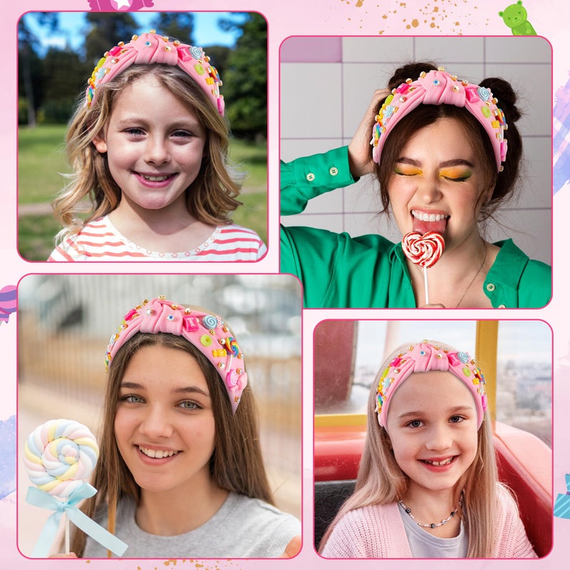PANTIDE Candy Jeweled Knotted Headband - Valentine's Day Rainbow Lollipop Rhinestone Embellished Preppy Headband Non Slip Wide Top Knot Hairband Hair Accessories Birthday Gift for Women Girls (Pink) - Image 4