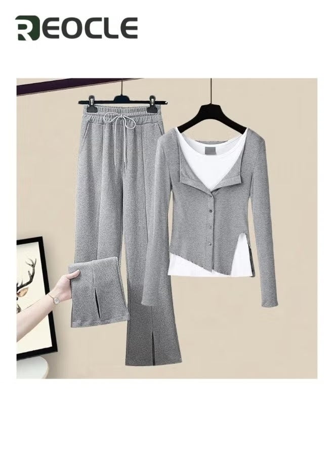 REOCLE Women's 2 Piece Outfits Casual Long Sleeve Pullover Top Wide Leg Pants Spring Lounge Sets Vacation Travel Outfits - Image 1