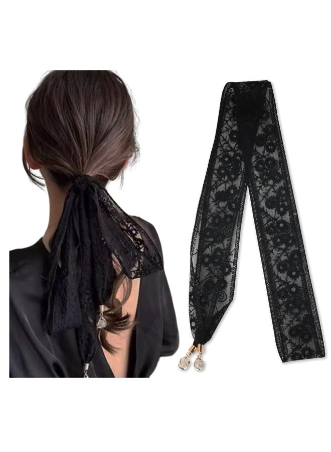 French Floral Lace Hair Ribbons Headscarf Bandana Headbands Scarf for Women Girls Black White Green Hairbands Hair Band Scarves - Image 1