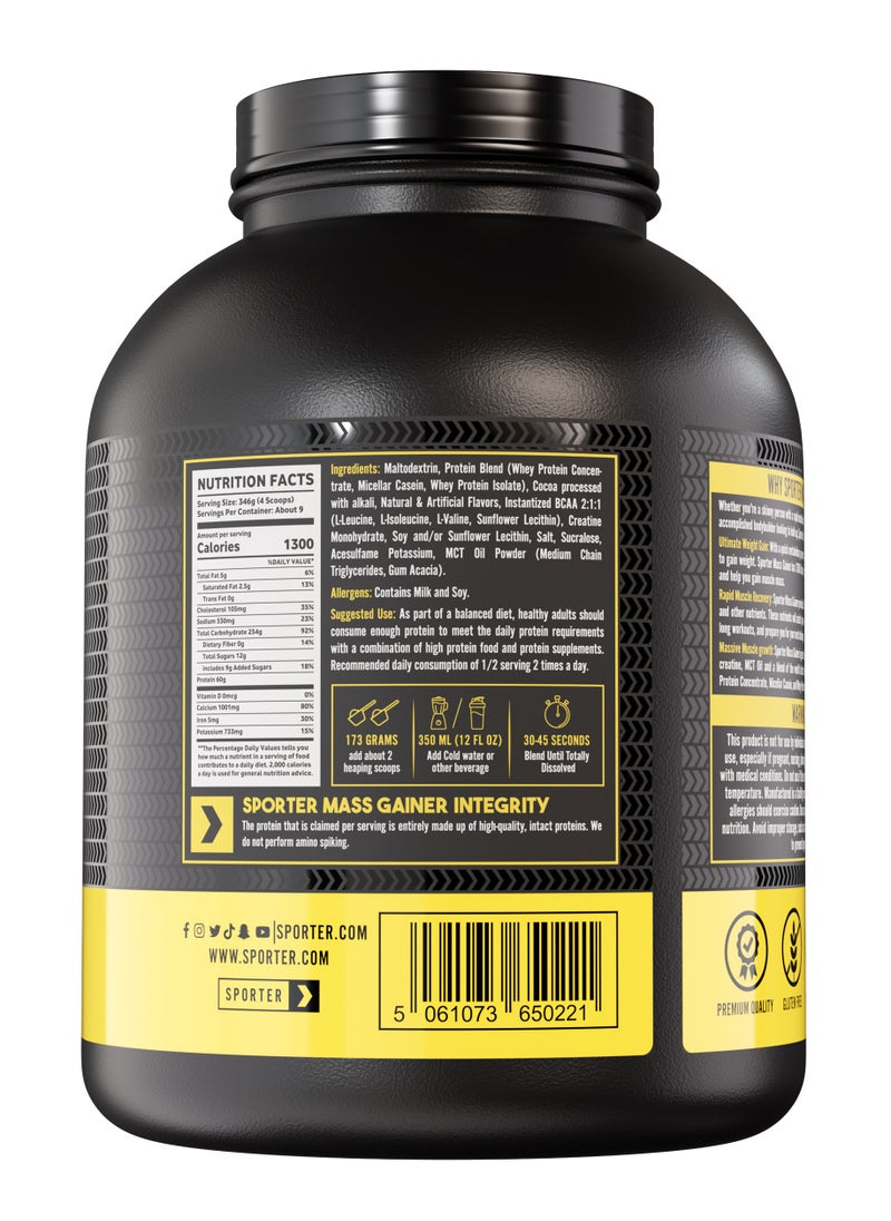 SPORTER Sporter Mass Gainer – Chocolate Flavor, 7 lbs (3.175 kg), 1300 kcal, 60g Protein, 254g Carbs – Weight Gain & Muscle Recovery Formula  - Image 2