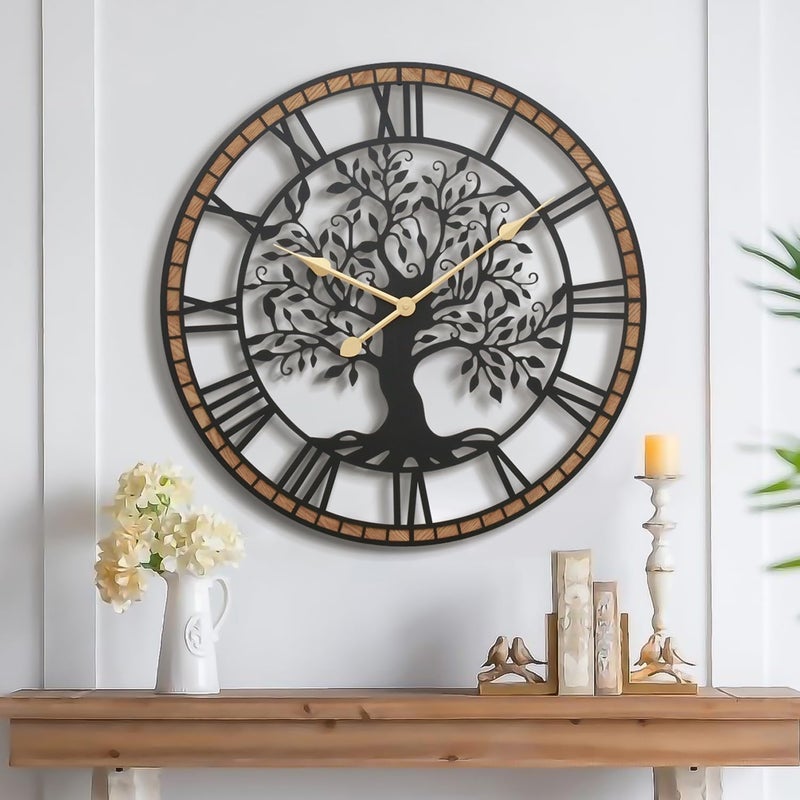 Micasso Farmhouse Large Wall Clock: 24Inch Rustic Tree of Life Metal with Wood Frame - Vintage Battery Operated Wall Clocks for Living Room/Office/Bedroom - Home Decor for Fashion-Conscious - Image 1