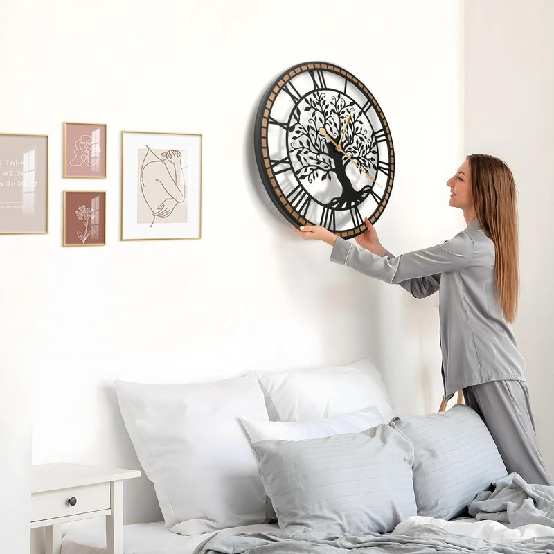 Micasso Farmhouse Large Wall Clock: 24Inch Rustic Tree of Life Metal with Wood Frame - Vintage Battery Operated Wall Clocks for Living Room/Office/Bedroom - Home Decor for Fashion-Conscious - Image 3