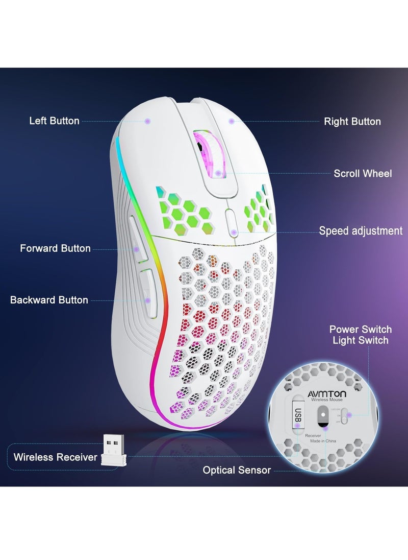 Wireless Mouse Wireless Gaming Mouse, Rechargeable Computer Mouse with RGB Backlight 6-Button Adjustable Lightweight Honeycomb Shell for Laptop, PC, Computer, etc. (White)