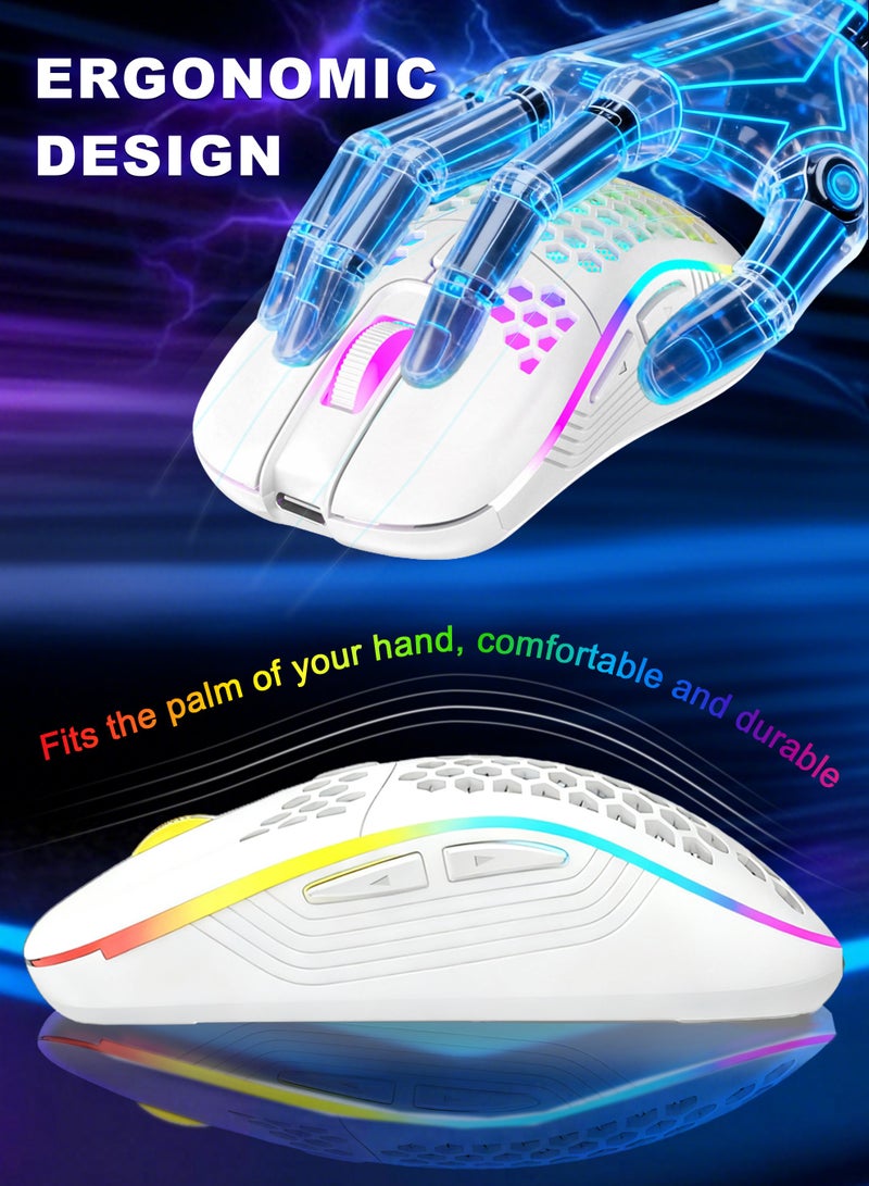 اكسيموس ماوس قيمنق،ماوس قيمنق لاسلكي، ماوس بلوتوث قيمنق،ماوس لا سلكي ماوس لاسلكي قابل لإعادة الشحن مع إضاءة خلفية RGB، 6 أزرار قابلة للتعديل، خفيف الوزن، هيكل قرص العسل لأجهزة الكمبيوتر المحمول والكمبيوتر الشخصي والكمبيوتر (أبيض) - Image 4