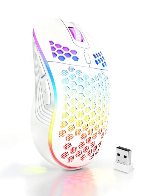 Wireless Gaming Mouse,Bluetooth Gaming Mouse,Rechargeable Wireless Mouse with RGB Backlight 6-Button Adjustable Lightweight Honeycomb Shell for Laptop, PC, Computer (White)