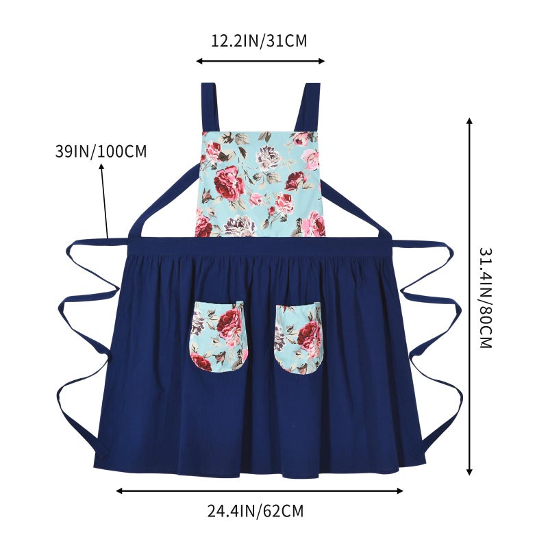 Pinknoke Vintage Pinafore Apron Dress for Women with Pockets Cute Floral Chef Aprons for Kitchen Cooking Baking Gardening (Navy) - Image 4