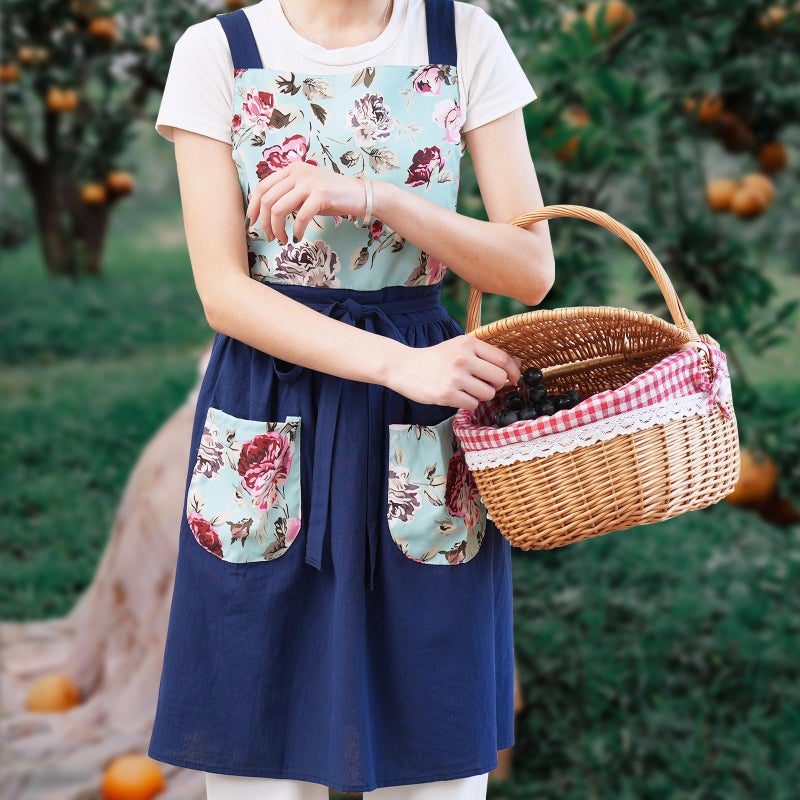 Pinknoke Vintage Pinafore Apron Dress for Women with Pockets Cute Floral Chef Aprons for Kitchen Cooking Baking Gardening (Navy) - Image 3