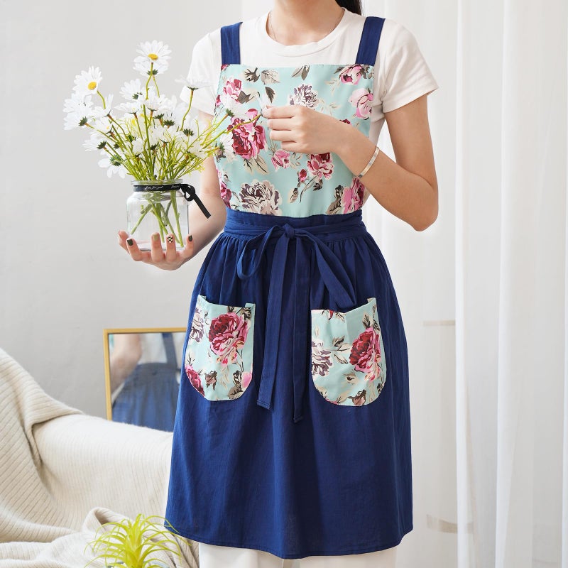 Pinknoke Vintage Pinafore Apron Dress for Women with Pockets Cute Floral Chef Aprons for Kitchen Cooking Baking Gardening (Navy) - Image 2