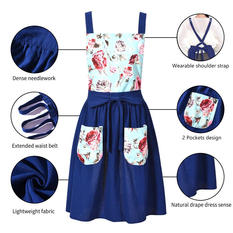 Pinknoke Vintage Pinafore Apron Dress for Women with Pockets Cute Floral Chef Aprons for Kitchen Cooking Baking Gardening (Navy) - Image 5