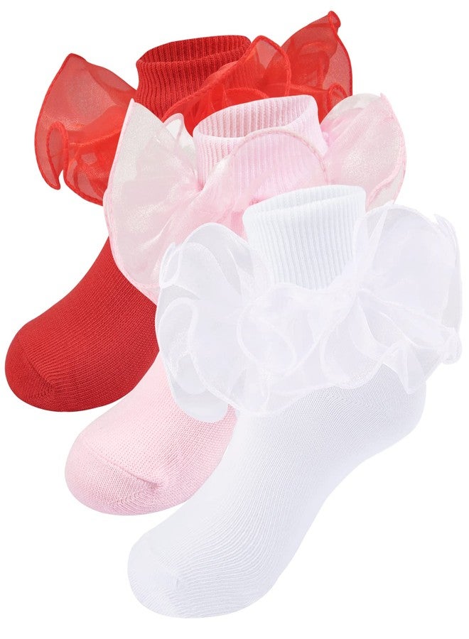 Mini angel Girls Ruffle Socks Frilly Double Lace Socks Cotton Turn Cuff Socks 2-3 Years Pageant Socks for Toddler Little Girls 3 Pairs (White+Pink+Red Set, S) - Image 1
